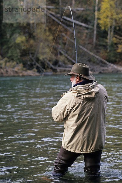 Fliegenfischer spielen Steelhead  Bulkley River  Smithers  British Columbia  Kanada.