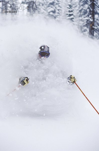 Skifahrer Skifahren frische Tiefe Pulver in Backcountry in der Nähe von Fernie  British Columbia  Kanada.