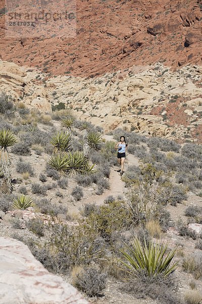 Eine junge Frau ausgeführt auf einem Pfad von Kraft Berg  Red Rocks  Las Vegas  Nevada  Vereinigte Staaten