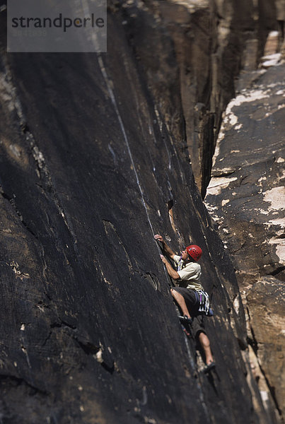 A ein Kletterer genießen diese Tense klettern die Straight Shooter  Red Rocks  Nevada  USA.