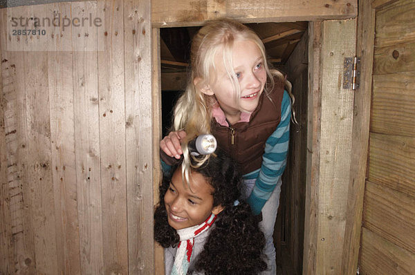 Zwei junge Mädchen inspizieren Baumhaus