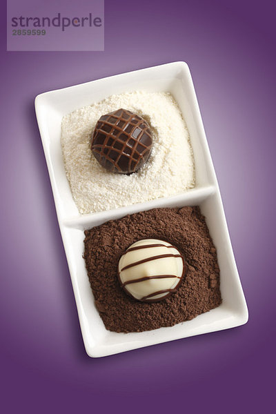 Pralinen in Kakaopulver und weißer Schokolade  erhöhte Ansicht