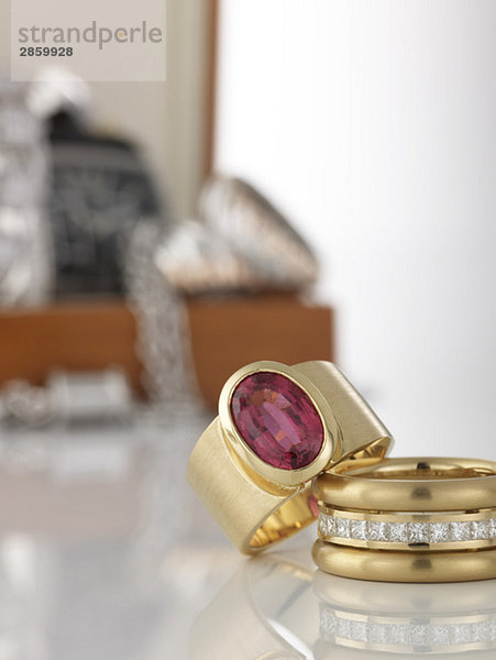 Two rings in foreground  in the background jewel box