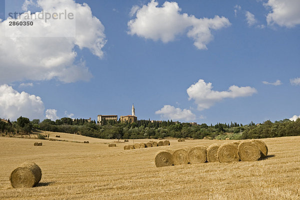 Italy  Tuscany  Bales of straw on field  Pienza in background