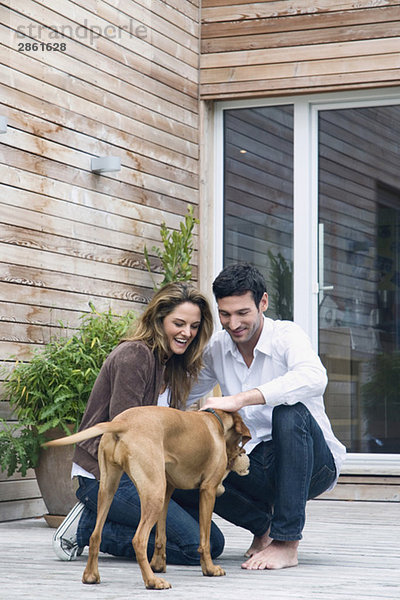 Junges Paar spielt mit Hund auf der Terrasse