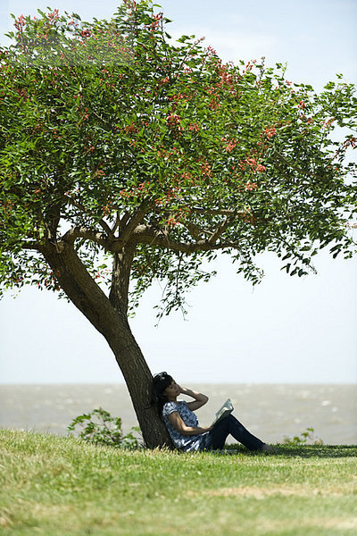Junge Frau sitzt unter Baum  liest Buch