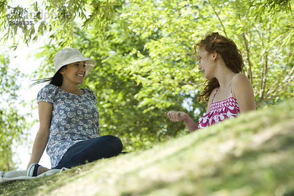 Zwei junge Frauen sitzen im Park und reden  Blickwinkel niedrig