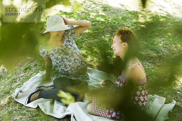 Zwei junge Frauen  die auf einer Decke sitzen  reden  durchs Laub gesehen.