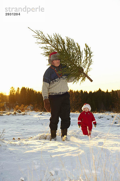 Mann und Junge mit Weihnachtsbaum im Schnee