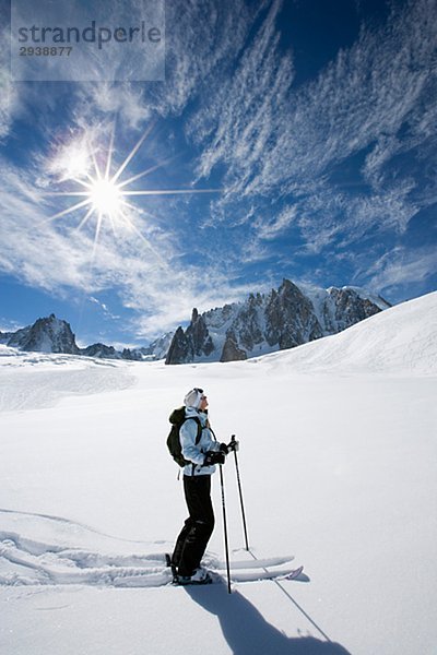 Skier going downhill Chamonix France.