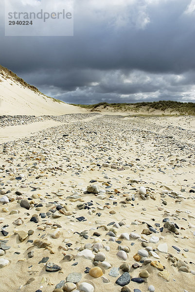 Vom Wind freigelegtes rezentes Flußbett in einer Dünenlandschaft mit Steinen unterschiedlicher geologischer Herkunft  Irland