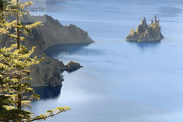 Kratersee  Uferabschnitt mit kleiner Insel Phantom Ship  Crater Lake National Park  Oregon  USA