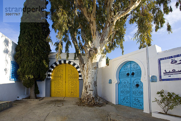 Nordafrika Wohnhaus Reise gelb Gebäude Stadt Großstadt weiß blau Eingang arabisch Afrika Sidi Bou Said Tourismus Tunesien