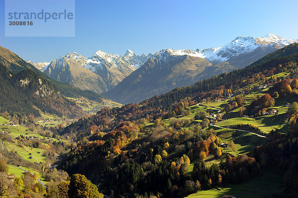 Farbaufnahme Farbe Landschaftlich schön landschaftlich reizvoll Berg Baum Tal Alpen Herbst Kanton Graubünden Schweiz