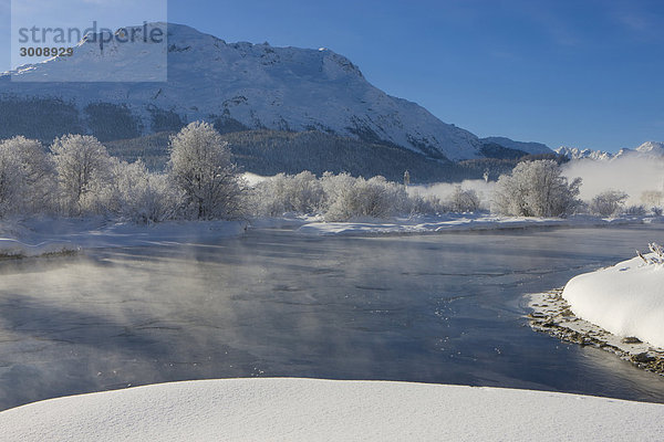 Landschaftlich schön landschaftlich reizvoll Wasser Berg Winter Baum Landschaft Natur Nebel Fluss Alpen Strömung Kanton Graubünden Schnee Schweiz