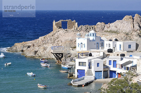 Small fishing village  port of Firopotamos  typical architecture for the Cyclades  Milos Island  Cyclades  Greece  Europe