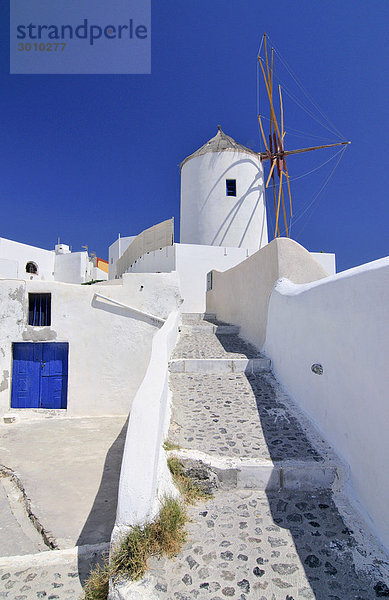 Gepflasterter Weg zur Windmühle in Oia  Ia  Santorin  Kykladen  Griechenland  Europa