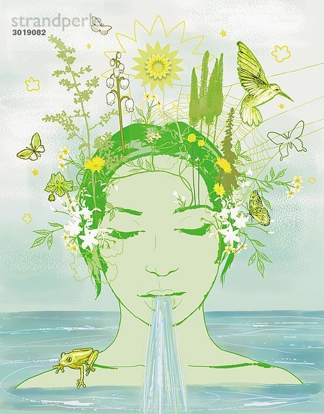 Frau mit Blumenhaar im Wasser