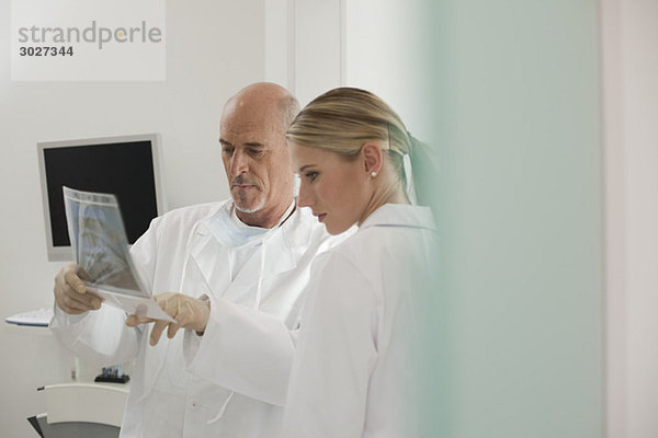 Deutschland  Bayern  Landsberg  Zahnarzthelferin und Zahnarzthelferin mit Röntgenaufnahme