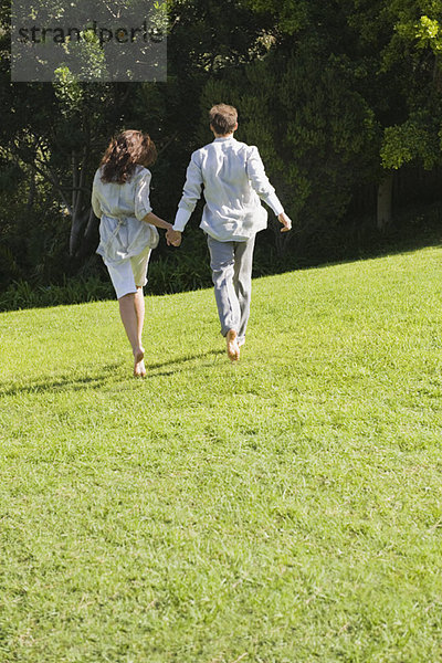 Rückansicht eines auf Rasen laufenden Paares