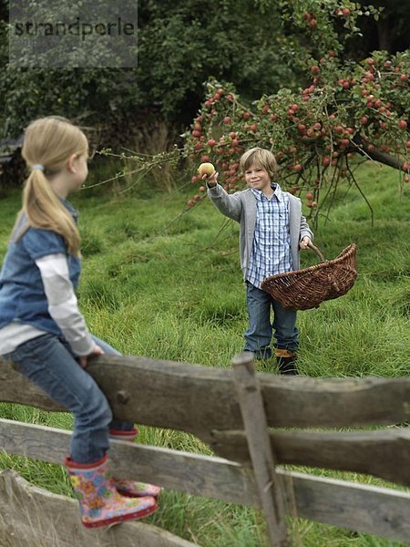 Junge zeigt Apfel dem Mädchen am Zaun