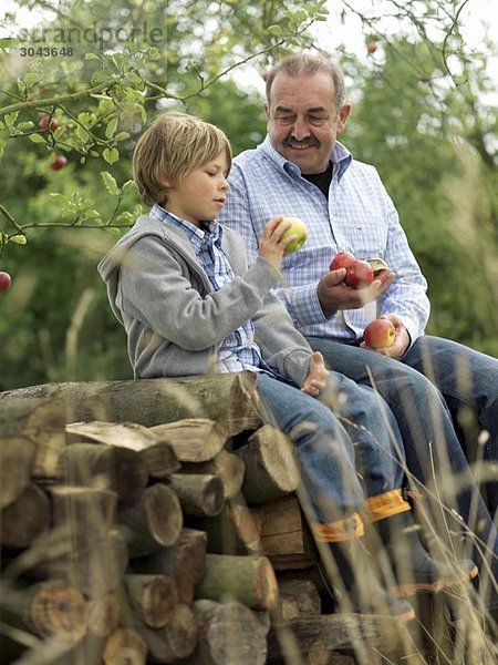 Mann und Junge mit Äpfeln  auf Baumstämmen sitzend