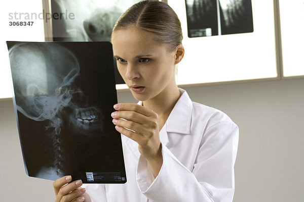 Arzt untersucht Röntgenaufnahme des Patientenkopfes