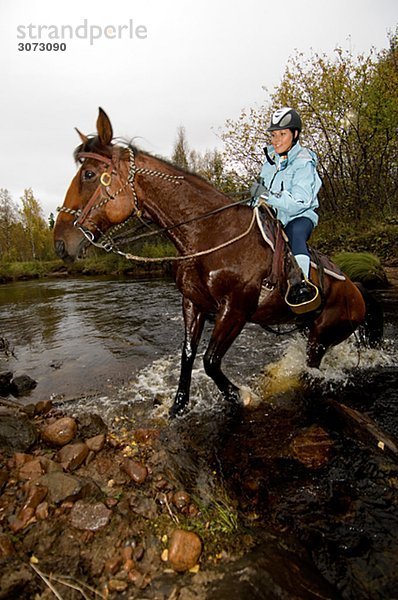 Horse and rider crossing brook Norrbotten Sweden.