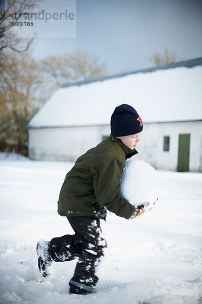 A boy carrying a big snowball Gotland Sweden.