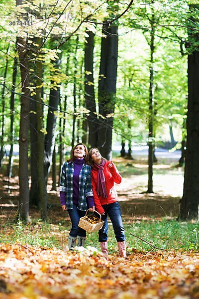 Mother and daughter walking in a forest Stockholm Sweden.