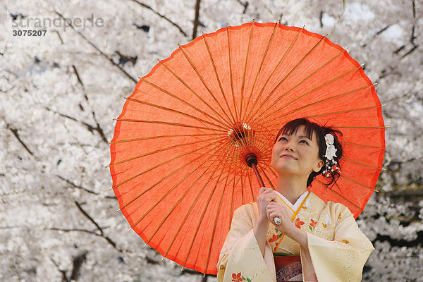 Frau gekleidet in Kimono Standing hält Parasol