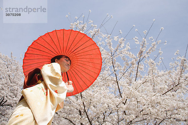 Frau hält Sonnenschirm stehen unter Kirschenbaum