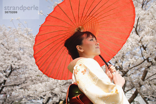 Frau gekleidet in Kimono mit Sonnenschirm