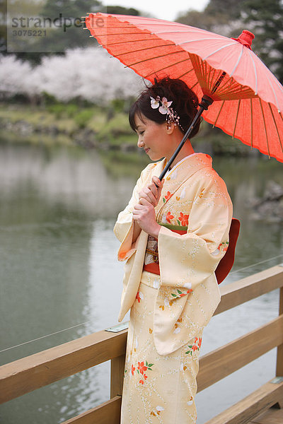 stehend Frau halten Sonnenschirm Schirm Holzbrücke