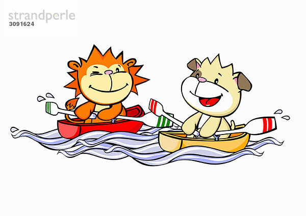 Ein Cartoon Löwe und Hund Ruderboote