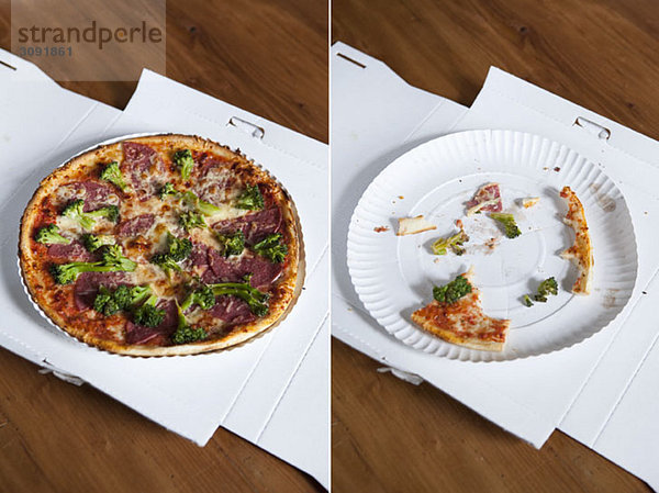 Ein Diptychon einer ganzen Pizza und einer gegessenen Pizza