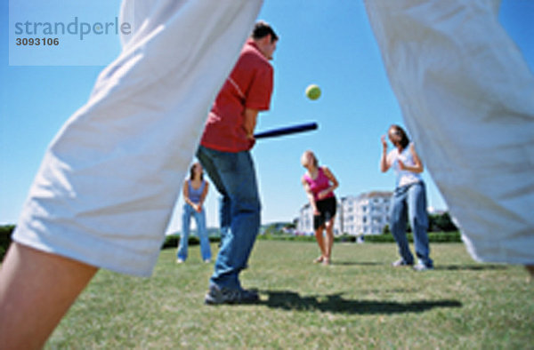 Eine Gruppe spielt Baseball in einem Park.