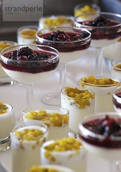 Verschiedene Joghurtdesserts mit Fruchtkompott