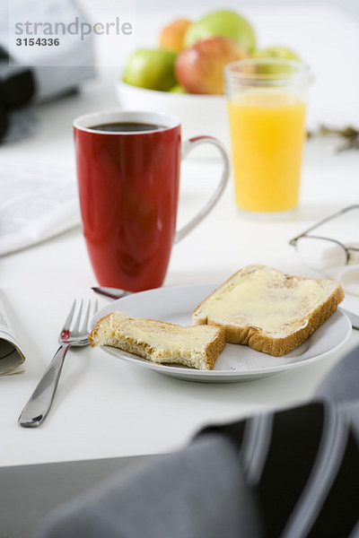 Frühstück bestehend aus Buttertoast  Kaffee und Orangensaft