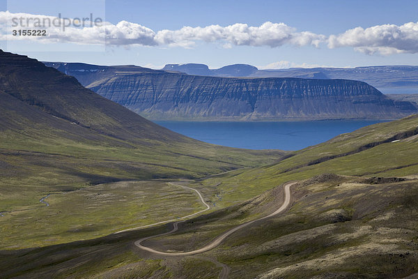 Switchback mountain road near Isafjordur  The Westfjords  Iceland