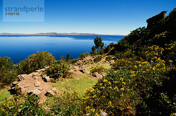 Ansicht des Lake Titicaca Insel Taquile Peru.