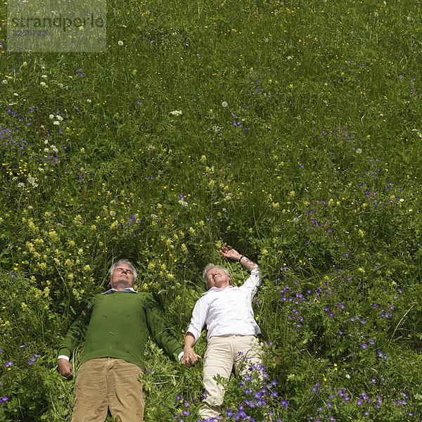 Seniorenpaar im Blumenfeld liegend