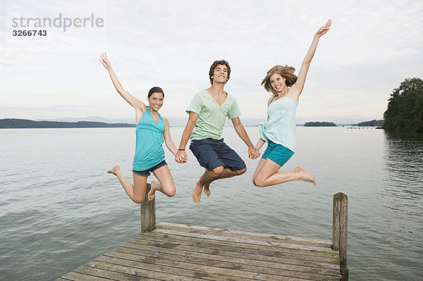 Deutschland  Bayern  Starnberger See  Junge Leute springen auf Steg  lachend  Portrait