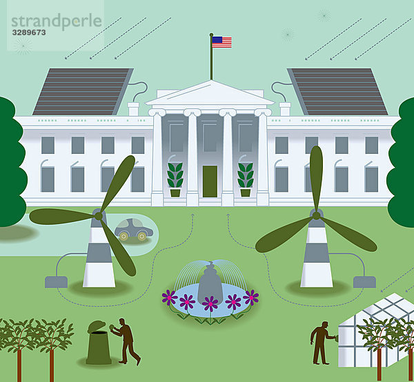 Das Weiße Haus mit Windrädern