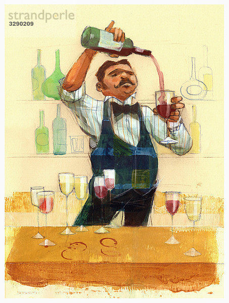Kellner gießt Rotwein in Glas