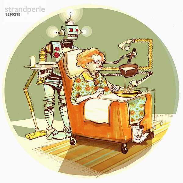 Roboter serviert alter Frau Suppe