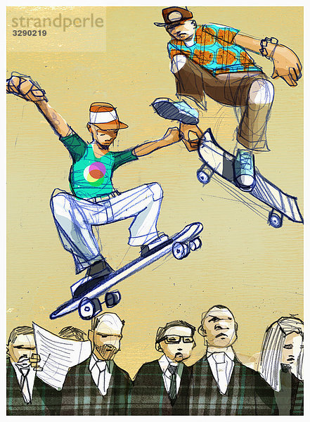 Zwei Teenager auf Skateboards springen über Menschen