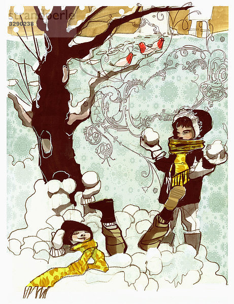 Zwei Kinder spielen im Schnee