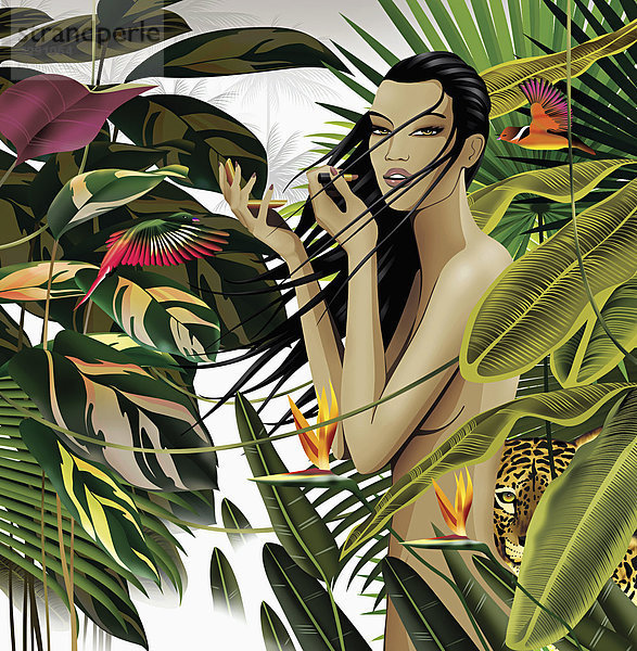 Nackte Frau in tropischer Landschaft