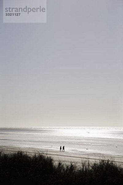 Ein Blick auf zwei Menschen  die am Strand spazieren gehen.